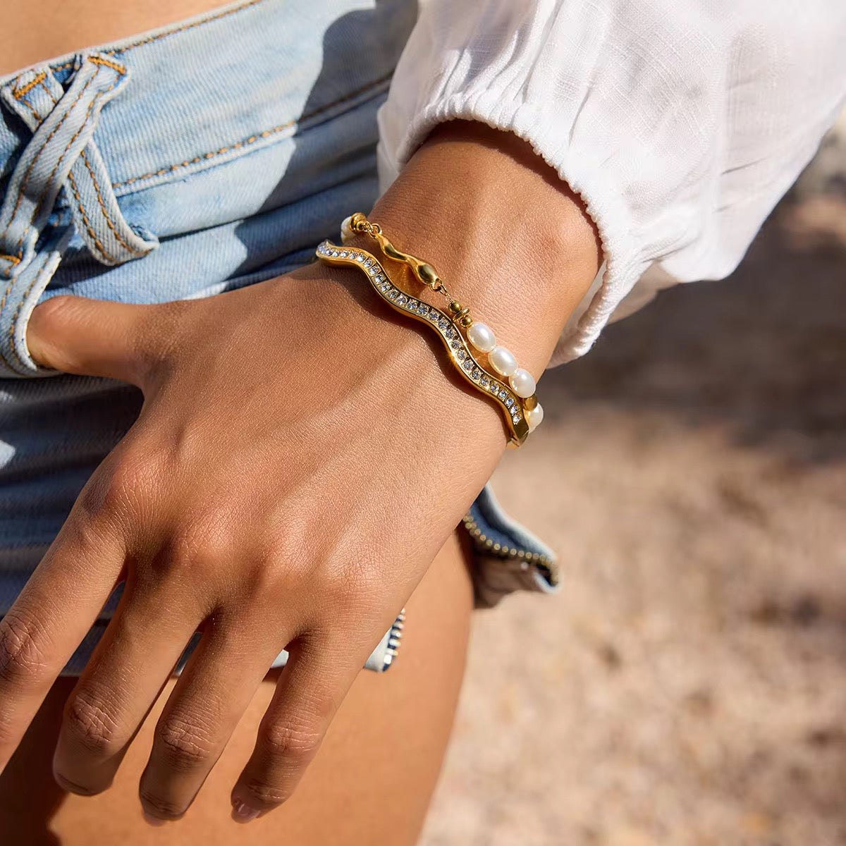 Golden Wave Pearl Bracelet Stack