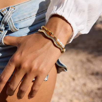 Golden Wave Pearl Bracelet Stack