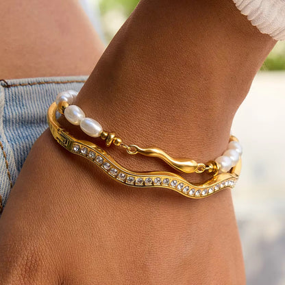 Golden Wave Pearl Bracelet Stack