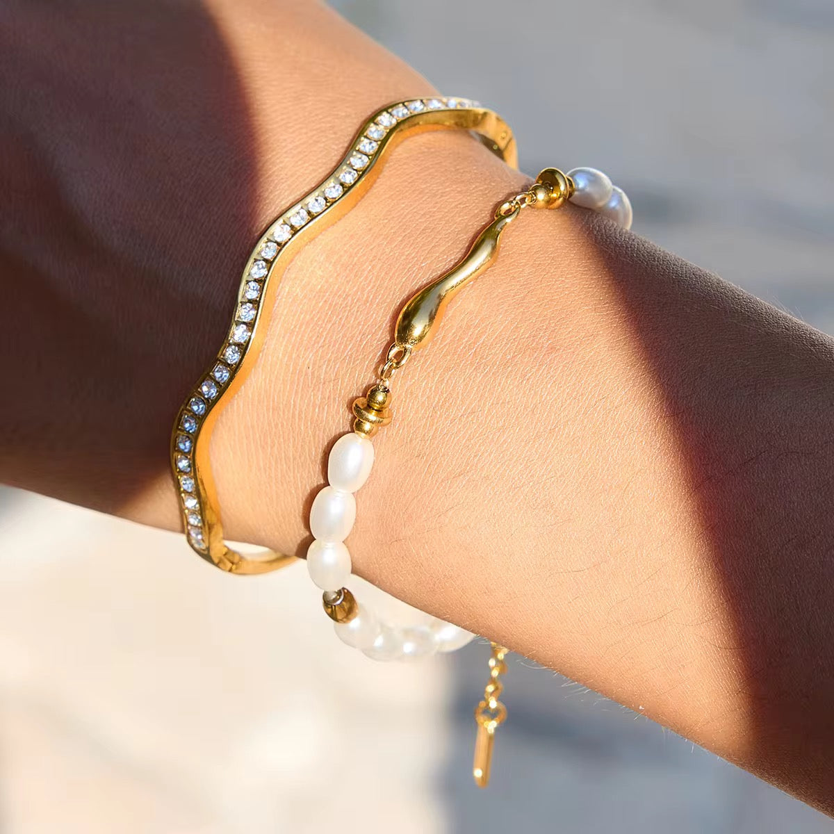 Golden Wave Pearl Bracelet Stack