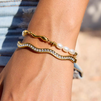 Golden Wave Pearl Bracelet Stack