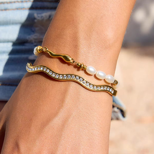 Golden Wave Pearl Bracelet Stack