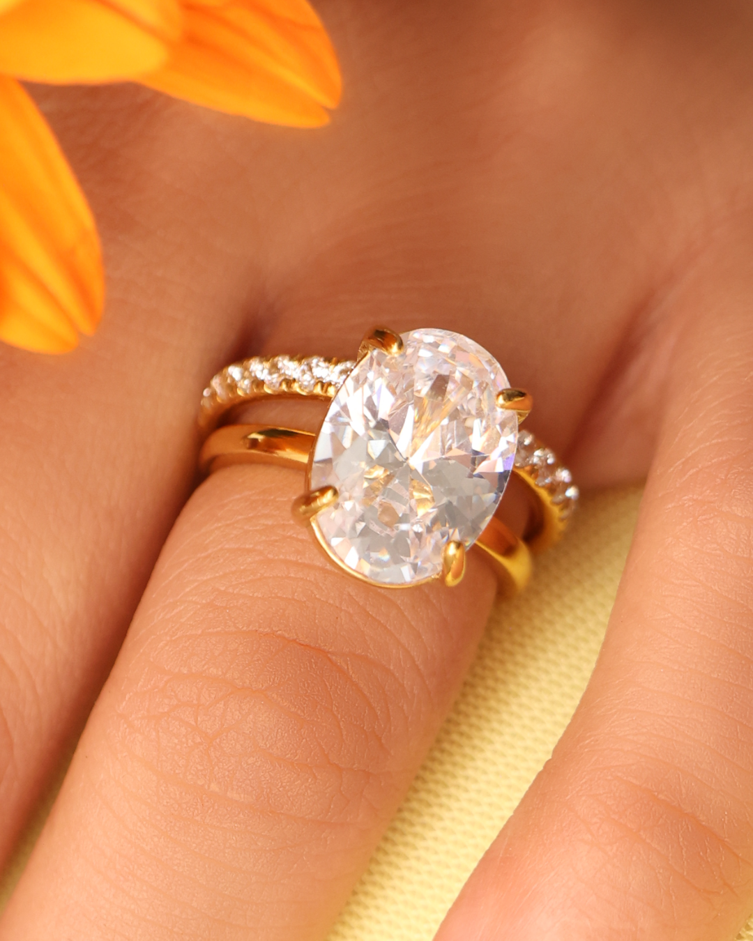 Oval Solitaire & Diamond Pavé Ring Stack